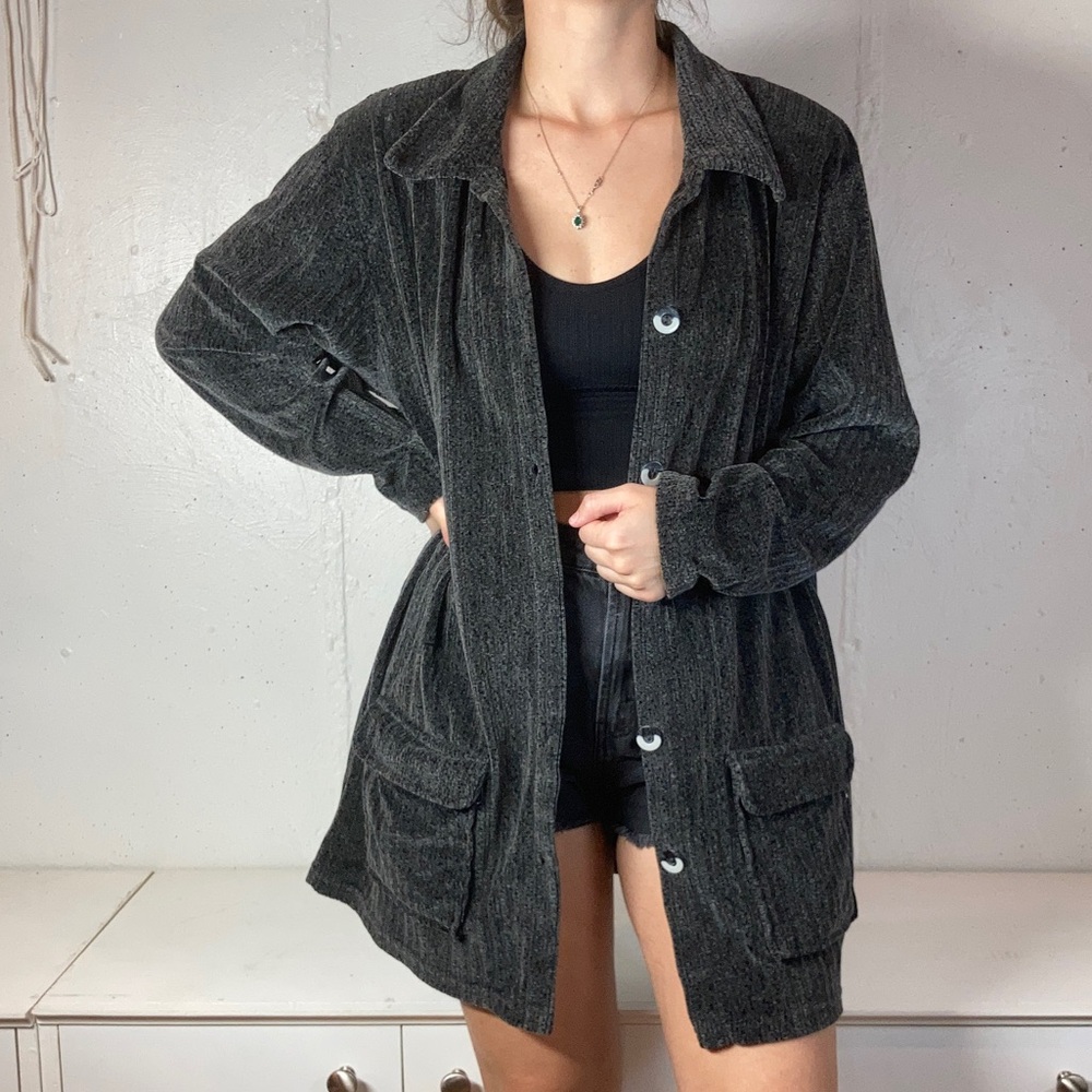 Vintage 80s Dark Gray Chenille Button Down Long Sleeve Collared Shirt